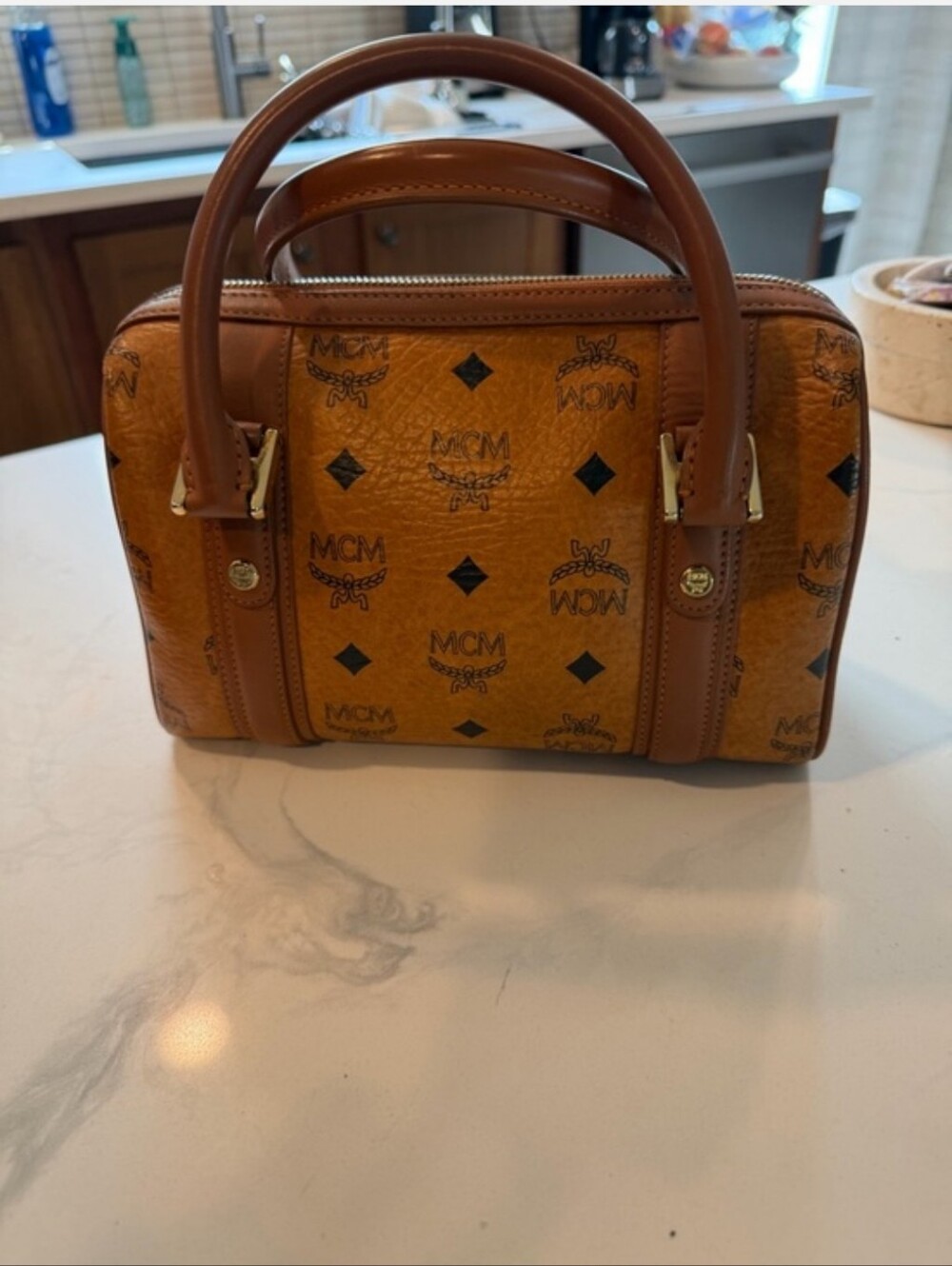 MCM Cognac Visetos Mini Boston Satchel with Gold Plaque - Picture 2 of 8
